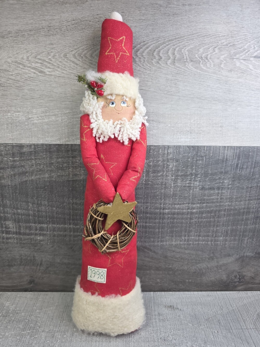 VTG 90s Primitive Folk Art Santa Claus Figure Fabric 16.5" Rustic Americana g19